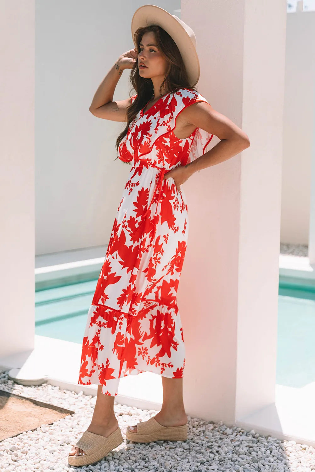 Red Floral Maxi Dress with Ruffle Sleeves and Pockets