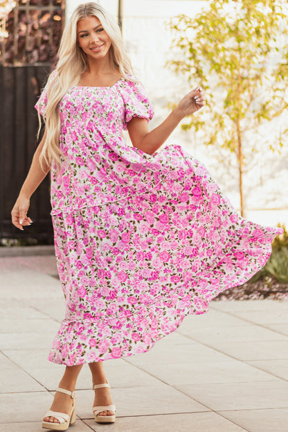 Women's Pink Floral Puff Sleeve Summer Midi Dress
