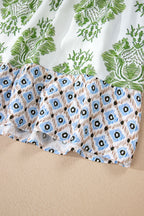 Green Floral Print Contrast Patchwork Ruffle Detail Mini Dress