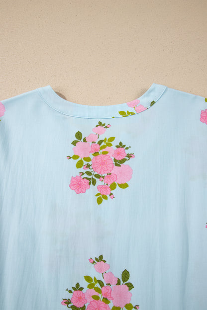 Women's Sky Blue Flutter Short Sleeve Floral Summer Maxi Dress