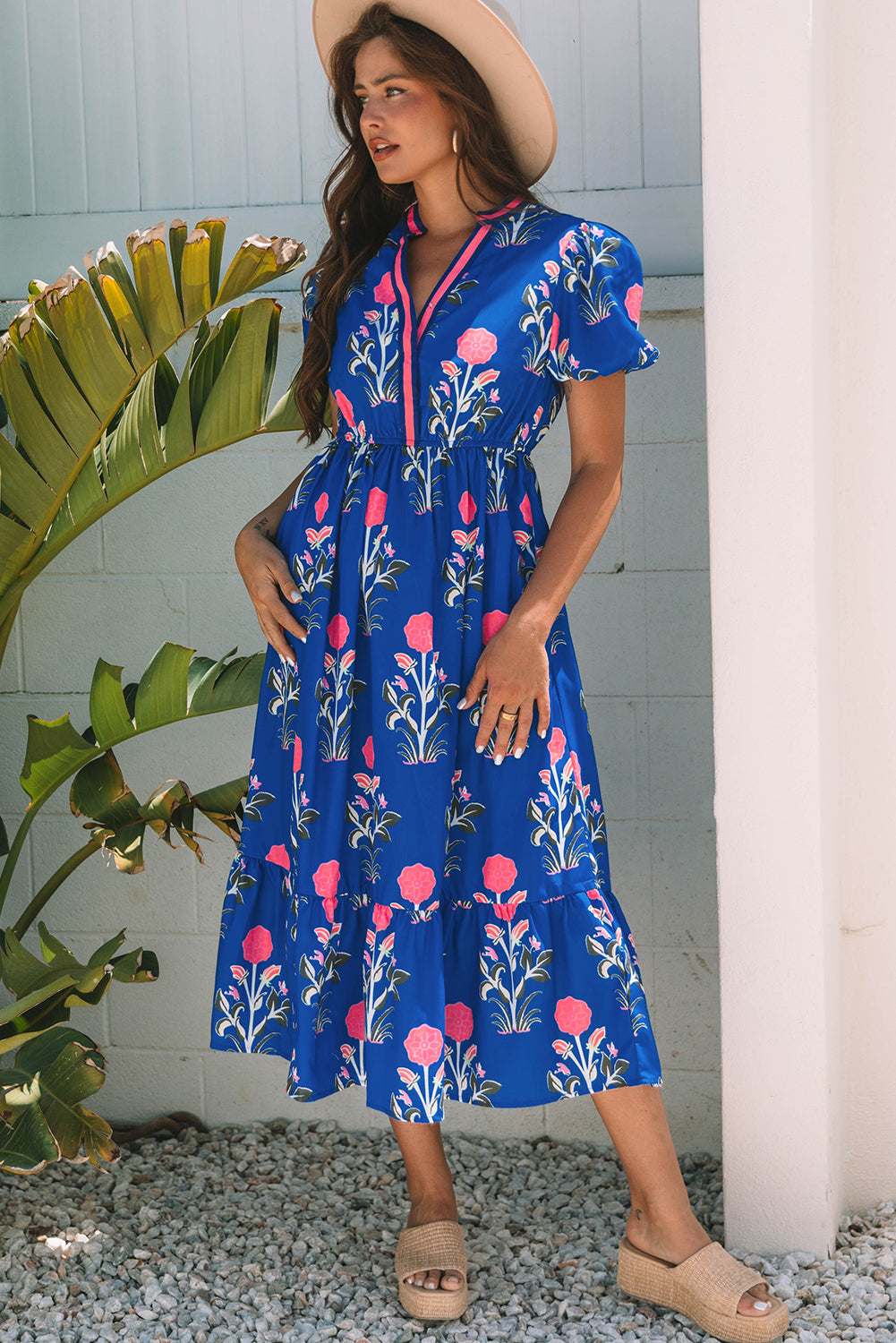 Women's Blue Floral Puff Short Sleeve V Neck Summer Midi Dress