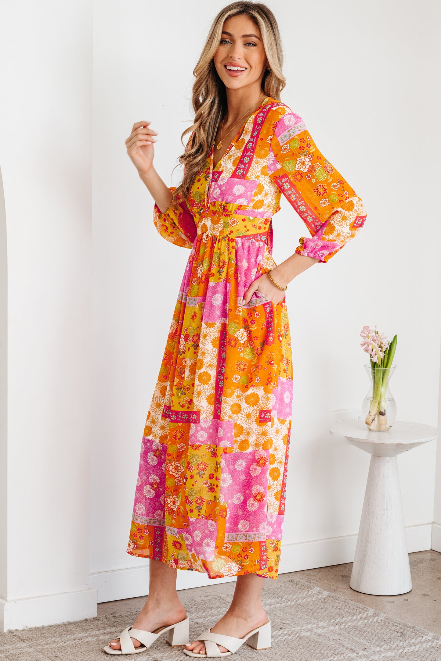 Women's Orange Floral Long Sleeve Summer Midi Dress