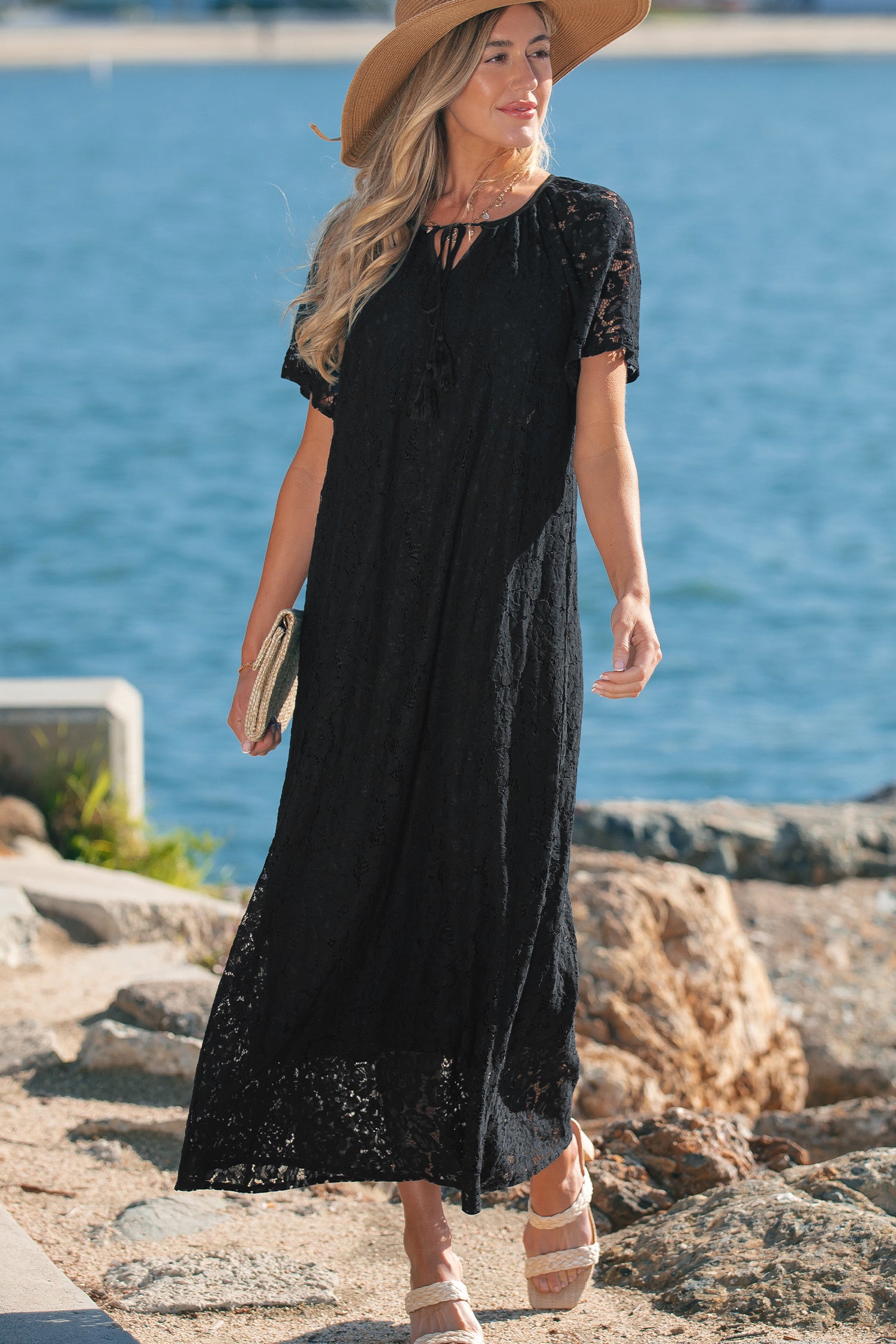 Black Floral Lace Overlay Tassel Tie Short Sleeve Beach Vacation Loose Maxi Dress