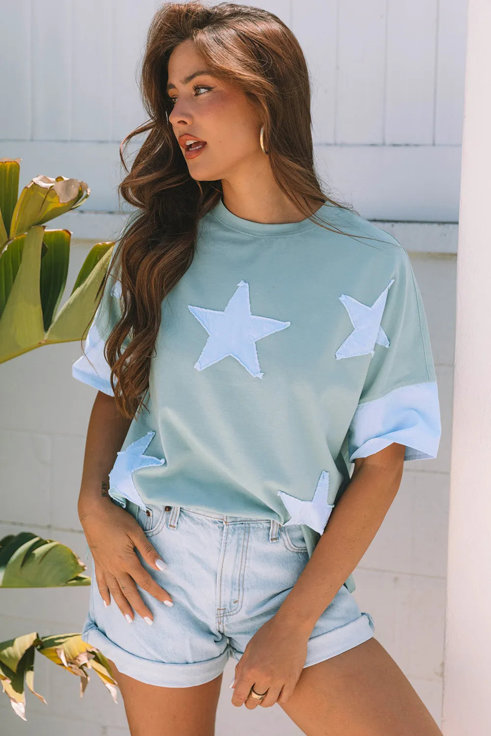 Oversized T-Shirt with Star Patches and Contrast Sleeves