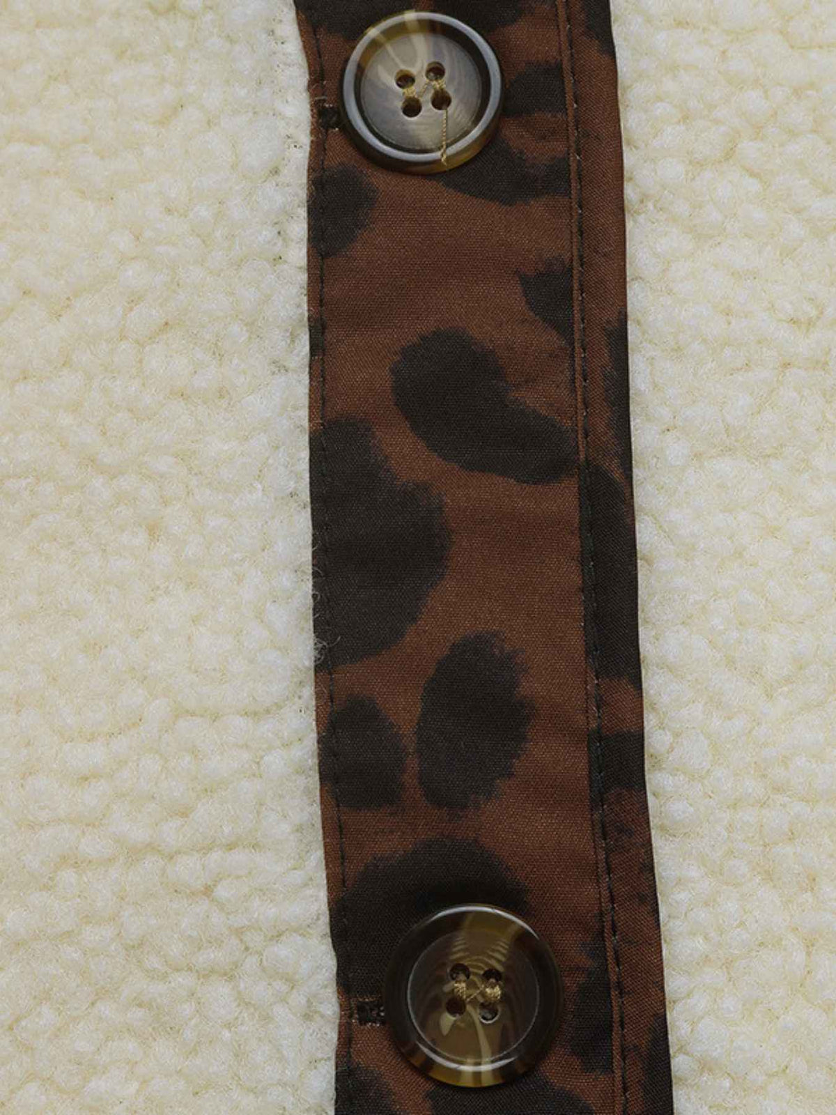 Cream Teddy Fleece Jacket with Leopard Print Trim & Buttons
