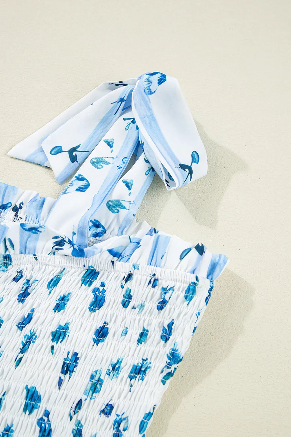 Sky Blue Floral Smocked Maxi Dress with Tie Straps
