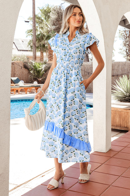 Women's Blue Floral Ruffle Trim Flutter Sleeve Summer Midi Dress