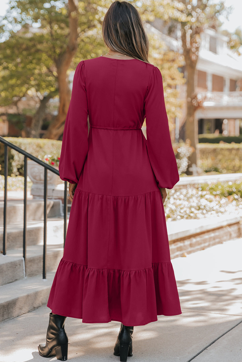 Women's Burgundy Long Sleeve V Neck Summer Maxi Dress