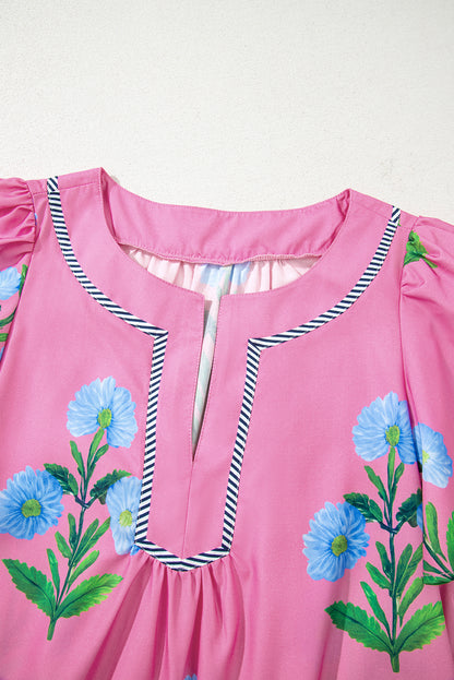 Women's Pink Floral Short Sleeve Split Neck Loose Summer Mini Dress