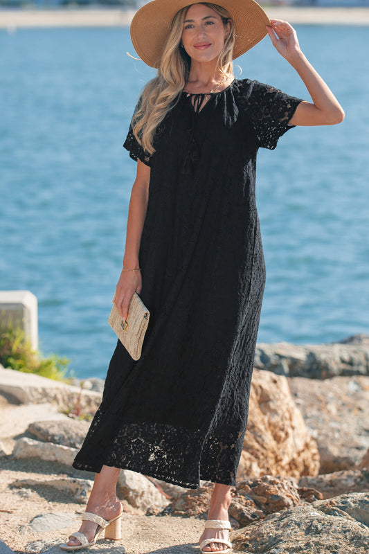 Women's Black Floral Lace Overlay Short Sleeve Summer Maxi Dress