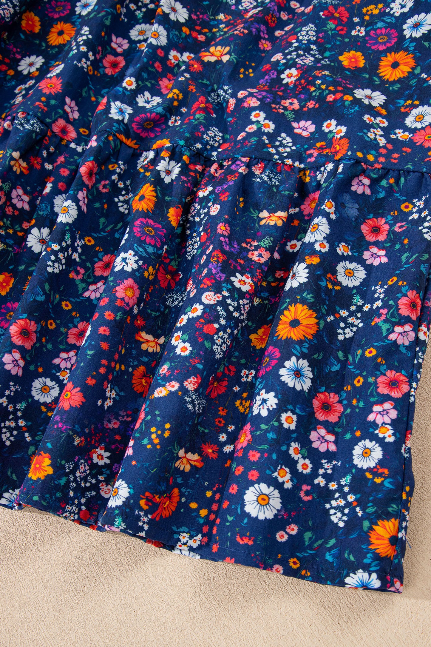 Women's Blue Floral Split Neck Short Puff Sleeve Summer Mini Dress