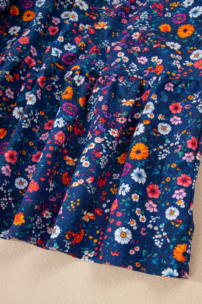 Women's Blue Floral Split Neck Short Puff Sleeve Summer Mini Dress
