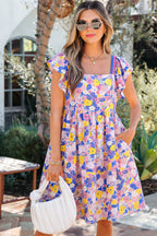 Sketch Floral Square Neck Cotton Mini Dress for Women