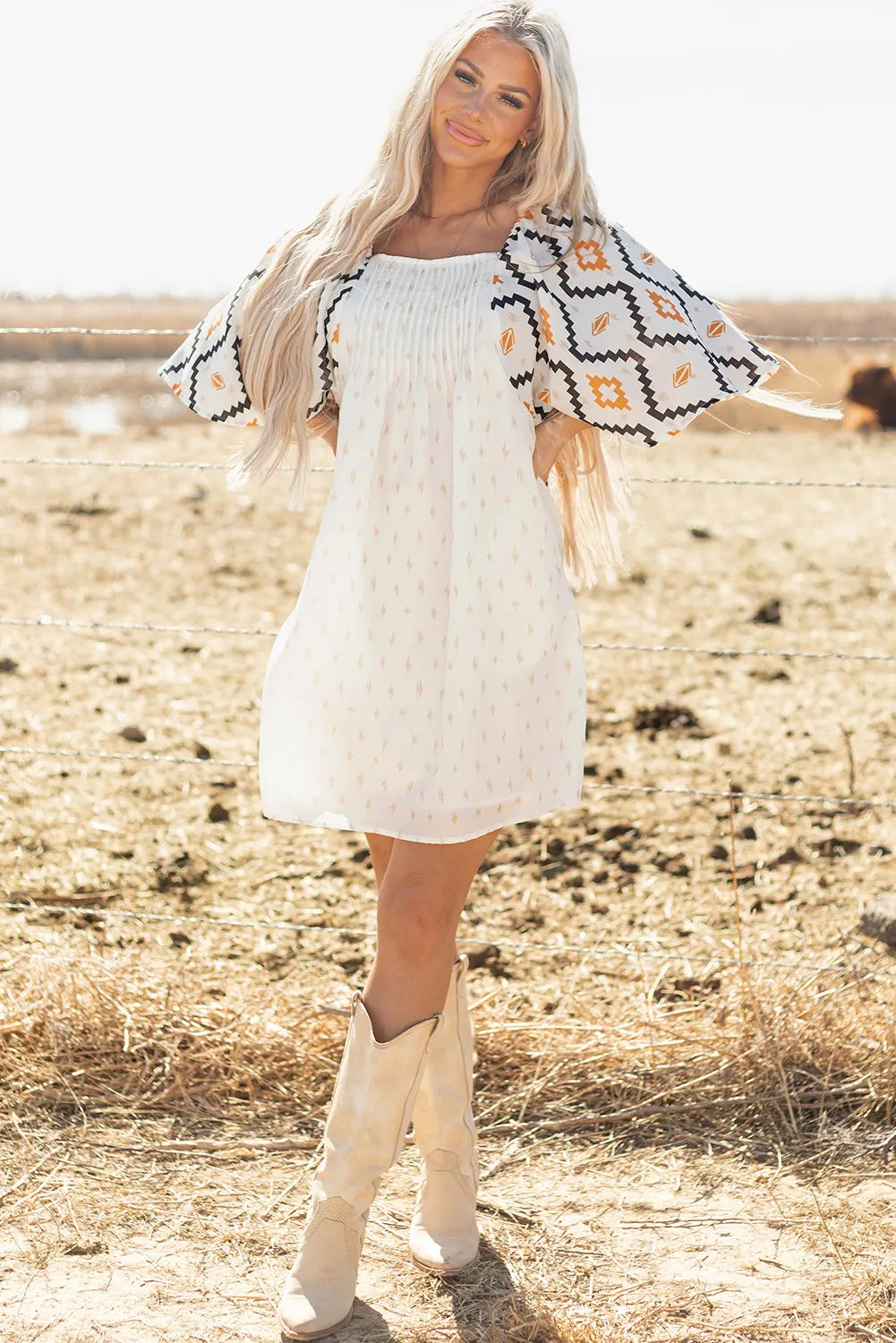 Beige Aztec Print Square Neck Mini Dress