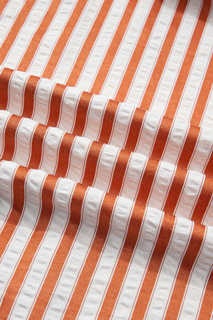 Women's Brown Stripe Pinched V Neck Summer Mini Dress
