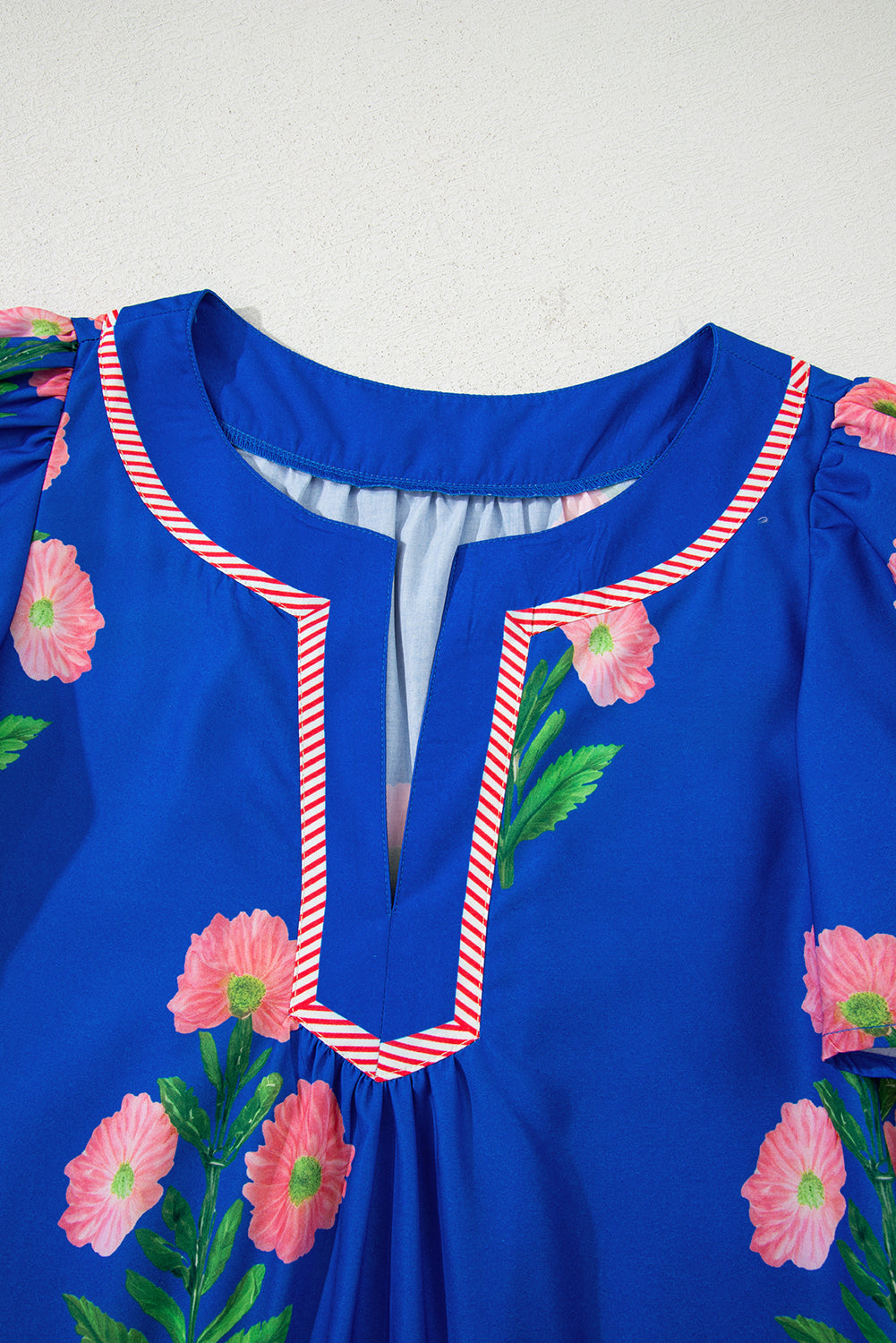 Women's Blue Floral Short Sleeve Split Neck Loose Summer Mini Dress