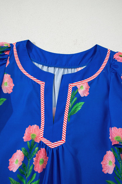 Women's Blue Floral Short Sleeve Split Neck Loose Summer Mini Dress