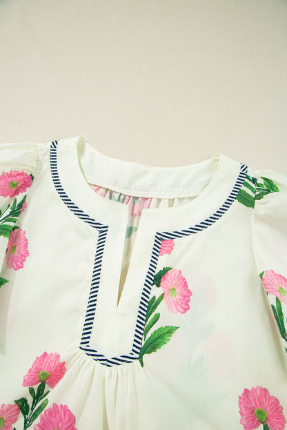 Women's White Floral Short Sleeve Split Neck Loose Summer Mini Dress