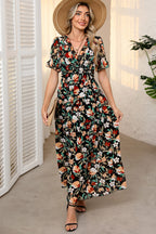 Women's Black Floral V Neck Short Sleeve Summer Maxi Dress