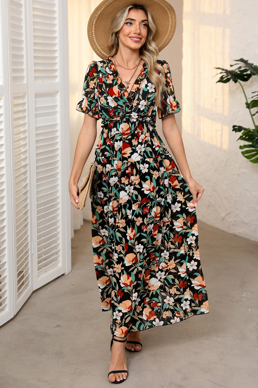 Women's Black Floral V Neck Short Sleeve Summer Maxi Dress