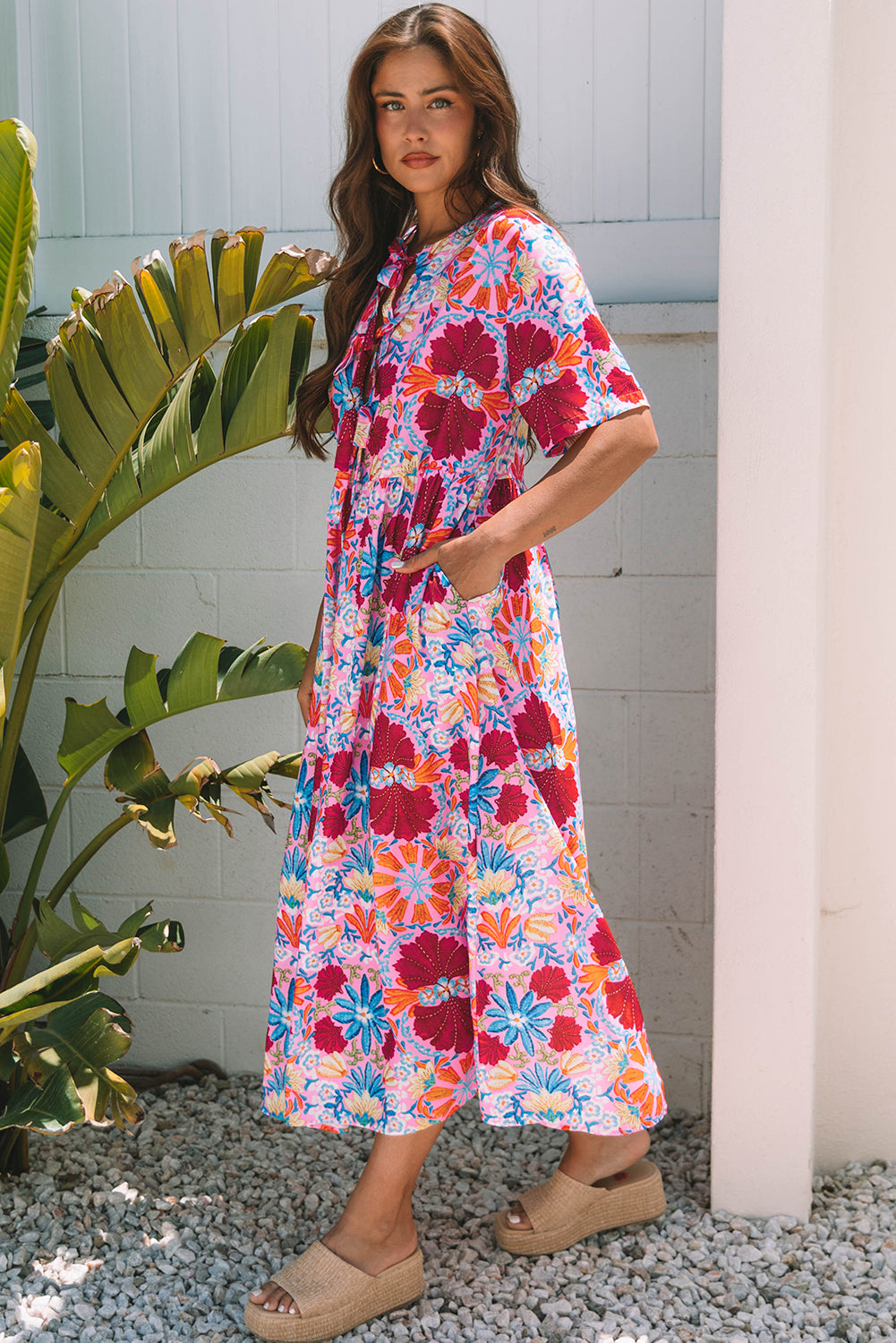 Women's Pink Floral Short Sleeve Summer Midi Dress