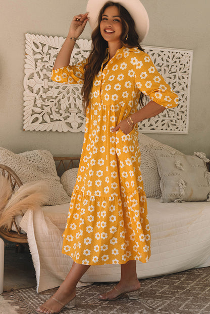 Women's Yellow Flower Bracelet Sleeve Buttons Collared Summer Midi Dress