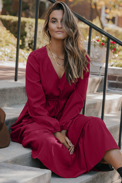 Women's Burgundy Long Sleeve V Neck Summer Maxi Dress