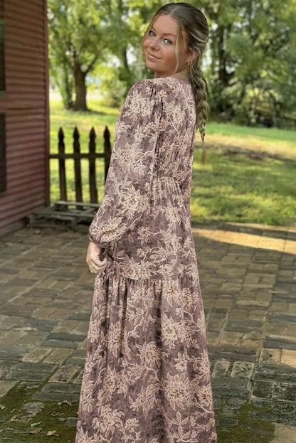 Women's Brown Floral Long Sleeve Summer Maxi Dress