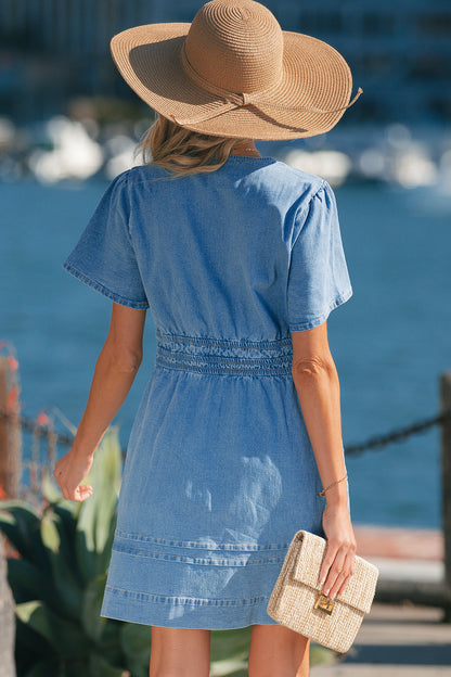 Women's Blue Elastic Waist Short Sleeve Summer Mini Dress