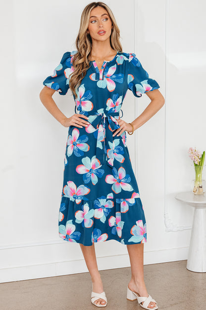 Women's Blue Floral Short Puff Sleeve Summer Midi Dress
