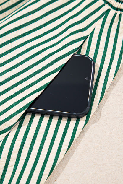 Women's Green Stripe V Neck Zip Front Summer Midi Dress