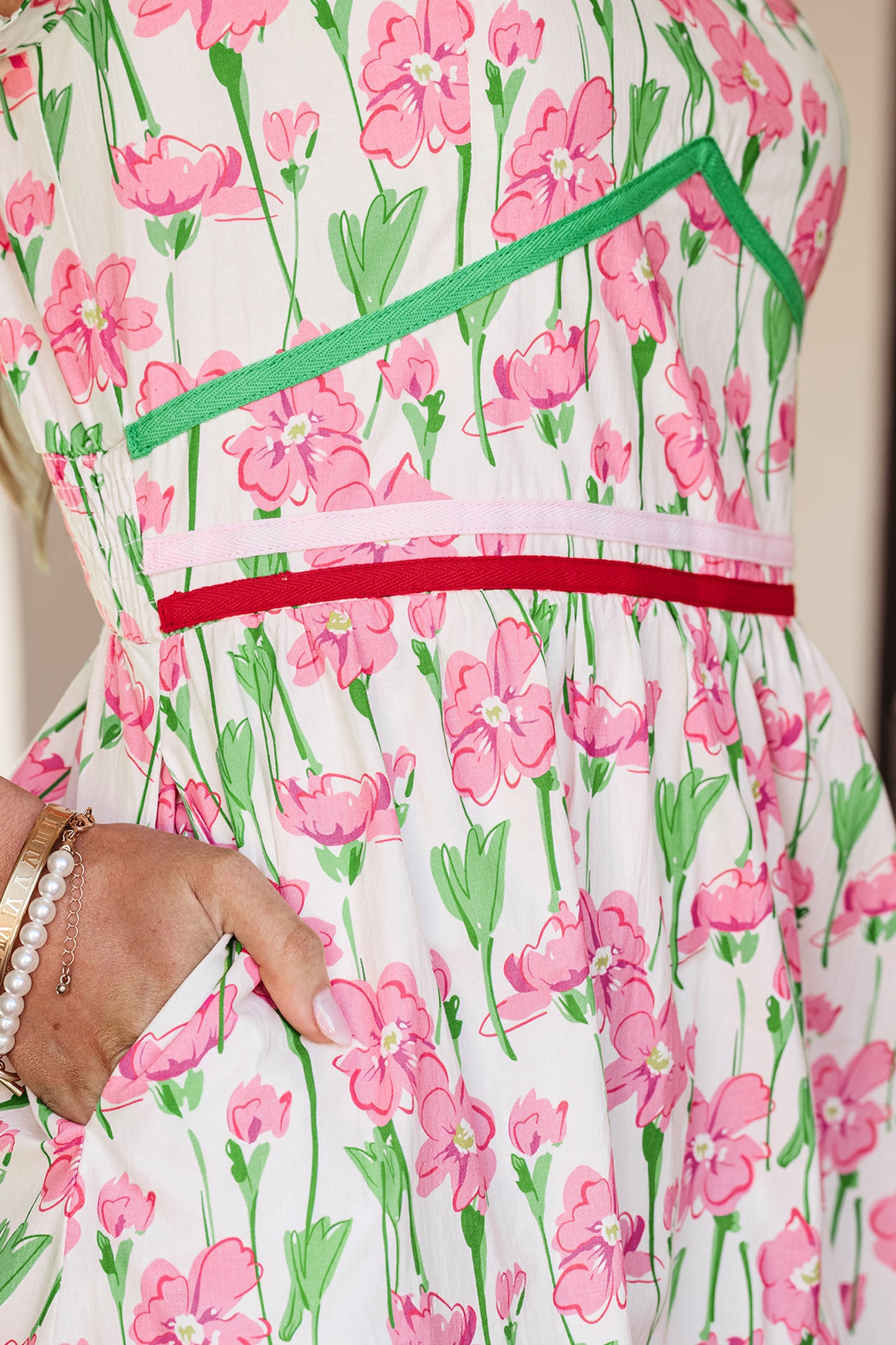 Women's Pink Floral V Neck Short Sleeve Summer Midi Dress