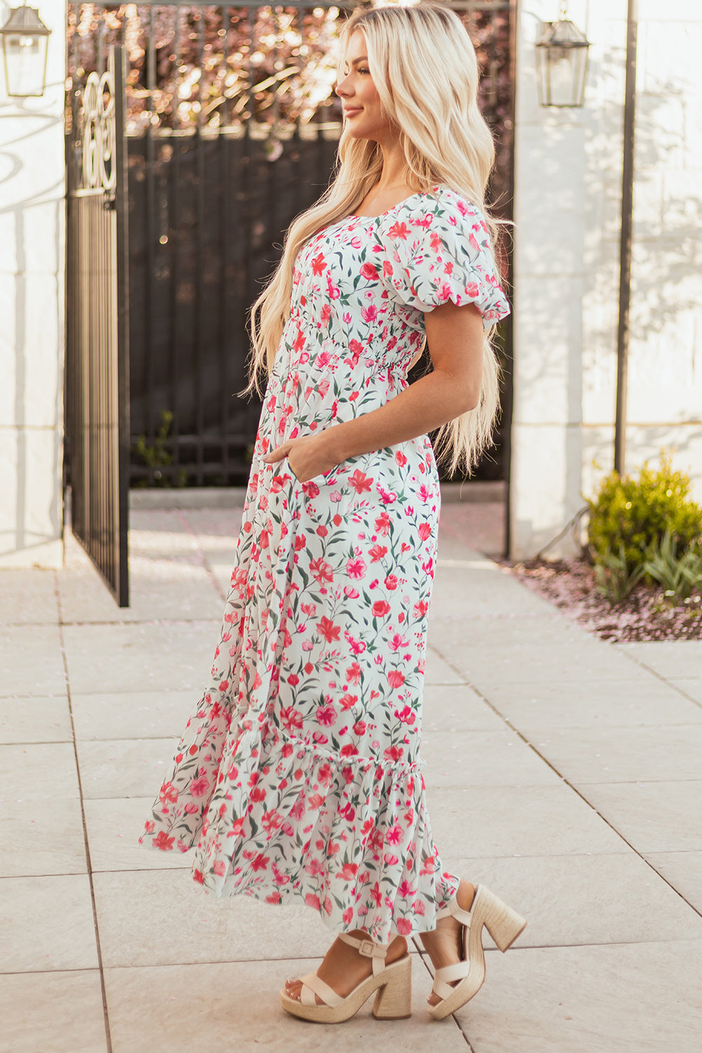 Women's Pink Floral Puff Sleeve Summer Maxi Dress