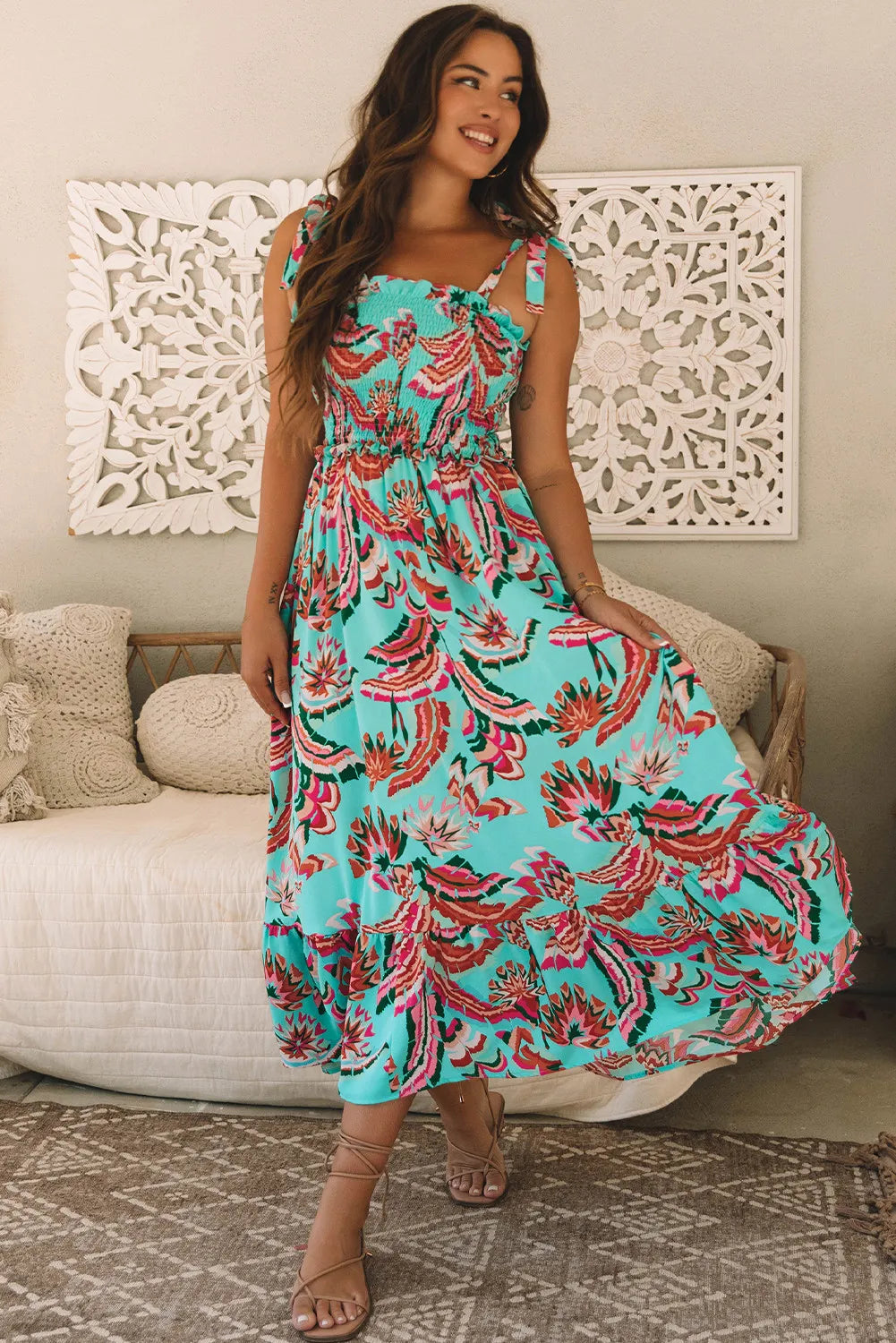 Green Abstract Smocked Maxi Dress with Knotted Straps