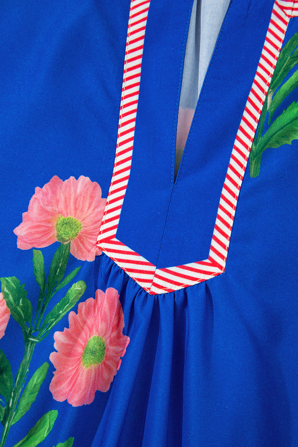 Women's Blue Floral Short Sleeve Split Neck Loose Summer Mini Dress