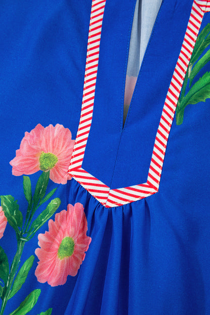 Women's Blue Floral Short Sleeve Split Neck Loose Summer Mini Dress