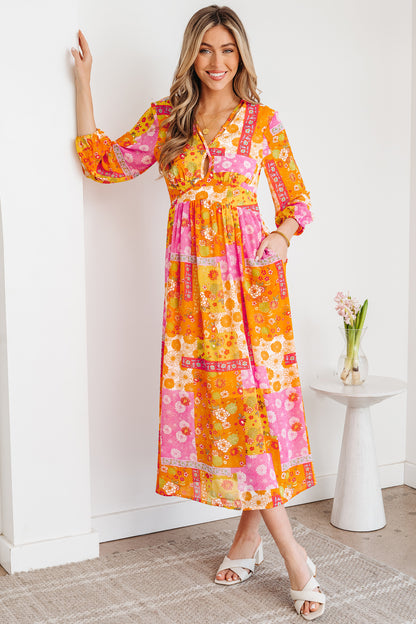 Women's Orange Floral Long Sleeve Summer Midi Dress