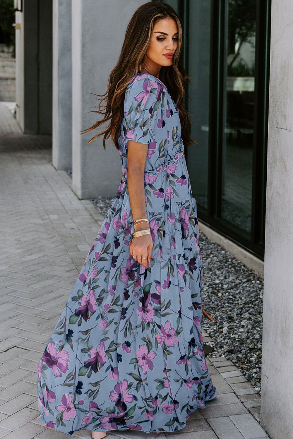Women's Blue Floral V Neck Short Sleeve Summer Maxi Dress