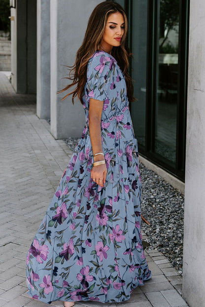 Women's Blue Floral V Neck Short Sleeve Summer Maxi Dress
