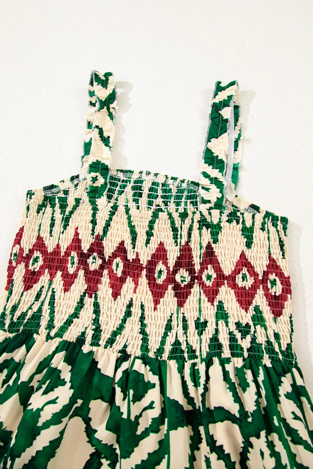 Green Aztec Print Shirred Maxi Dress