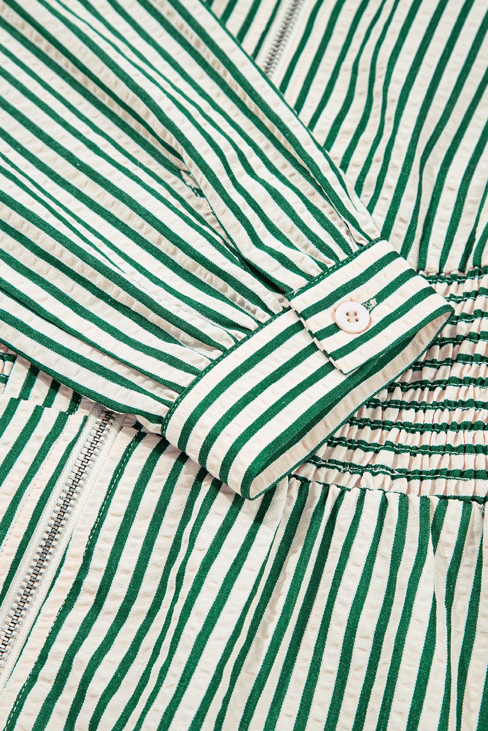 Women's Green Stripe V Neck Zip Front Summer Midi Dress