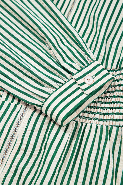 Women's Green Stripe V Neck Zip Front Summer Midi Dress