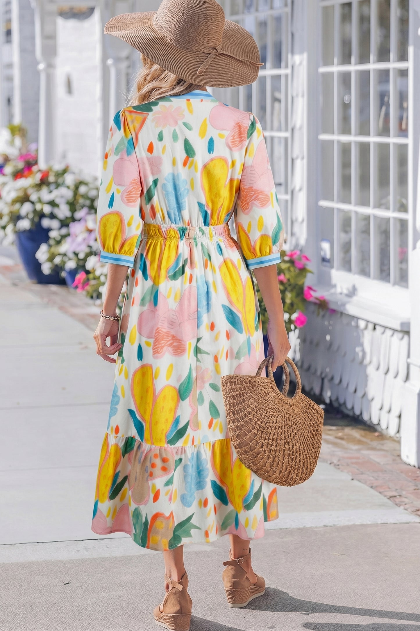 Women's Floral V Neck Summer Midi Dress