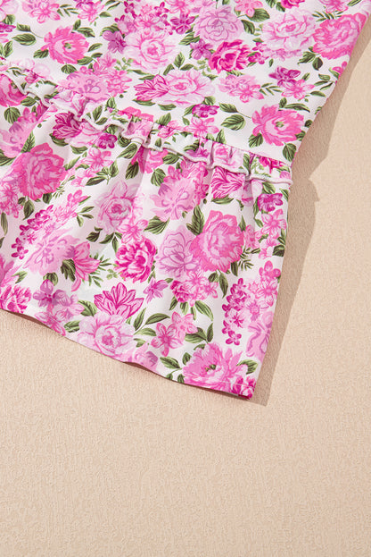Women's Pink Floral Puff Sleeve Summer Midi Dress