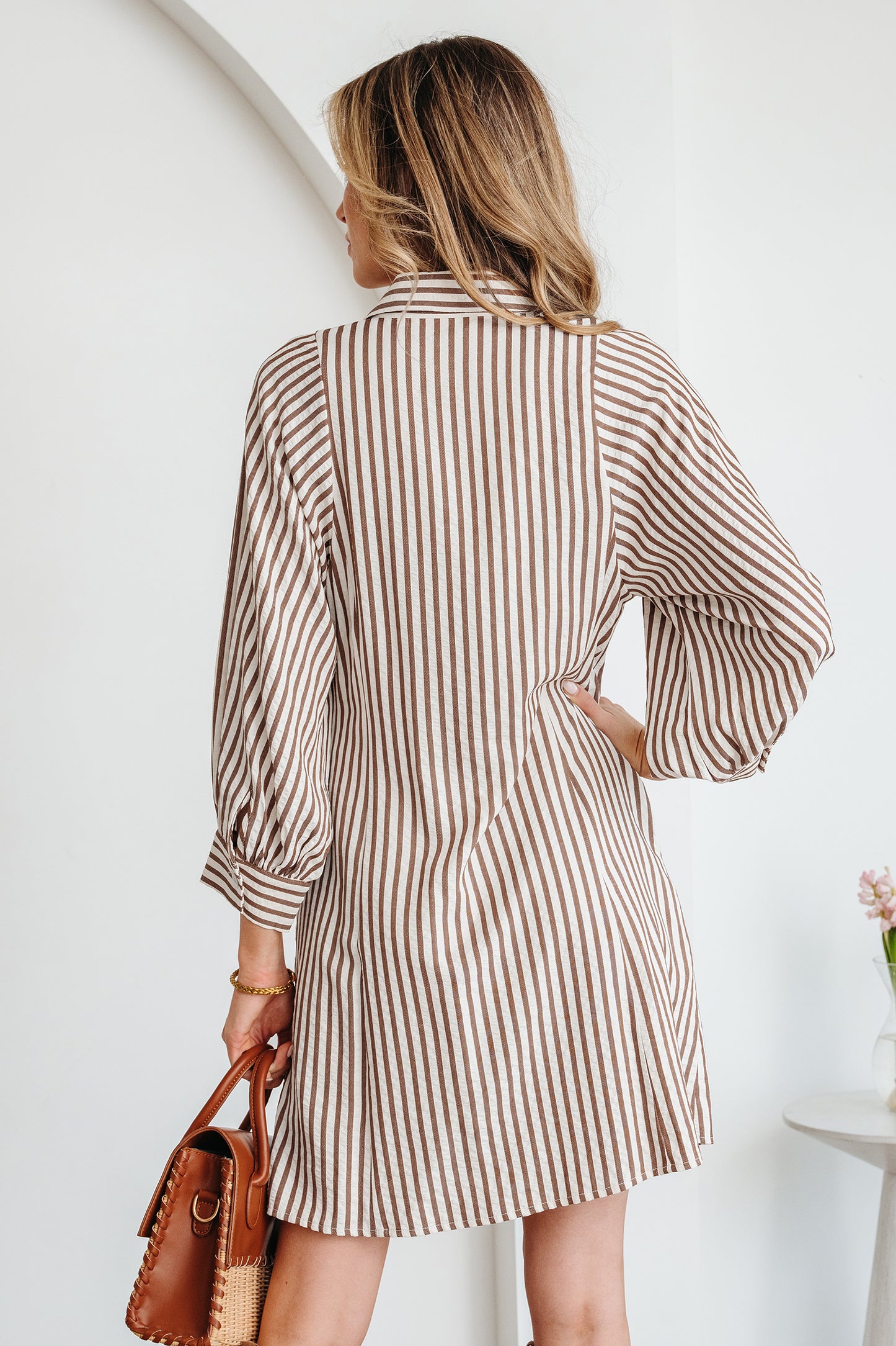 Women's Brown Stripe Puff Sleeve Summer Mini Dress