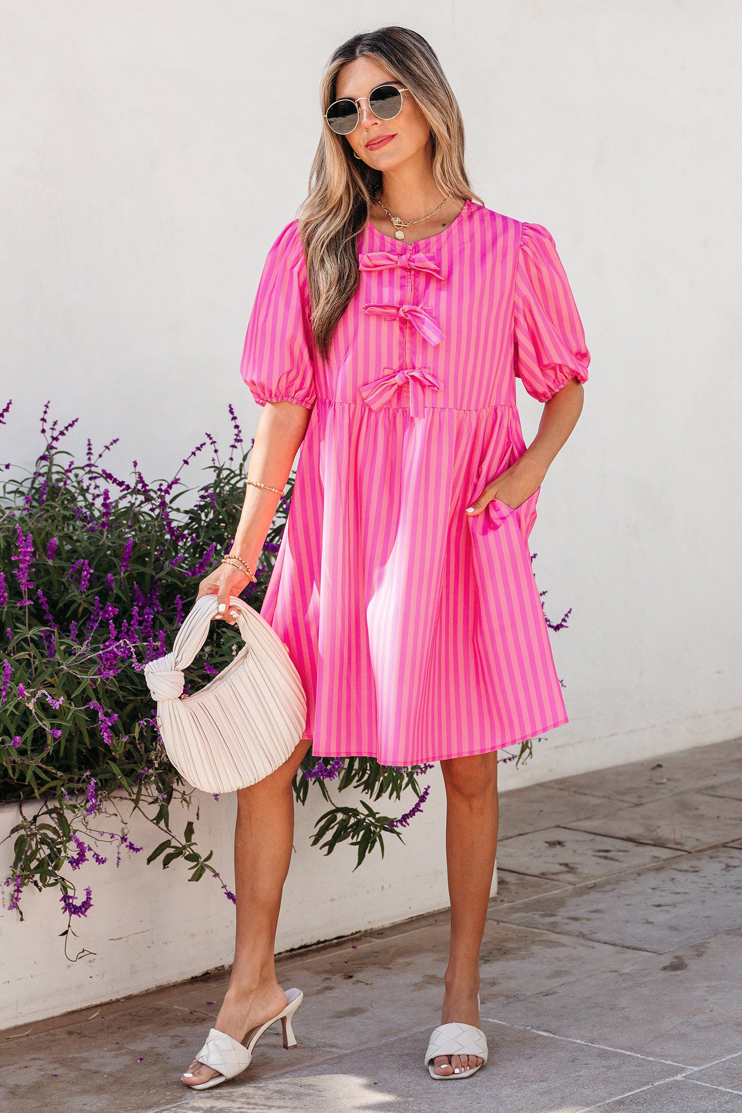 Women's Rose Striped Short Puff Sleeve Summer Mini Dress