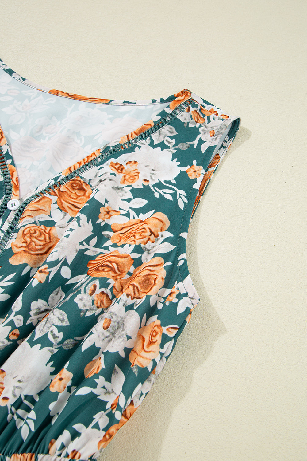 Women's Green Floral V Neck Sleeveless Summer Midi Dress