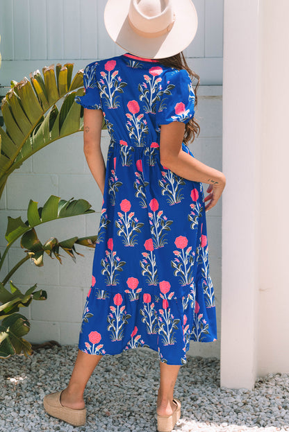 Women's Blue Floral Puff Short Sleeve V Neck Summer Midi Dress