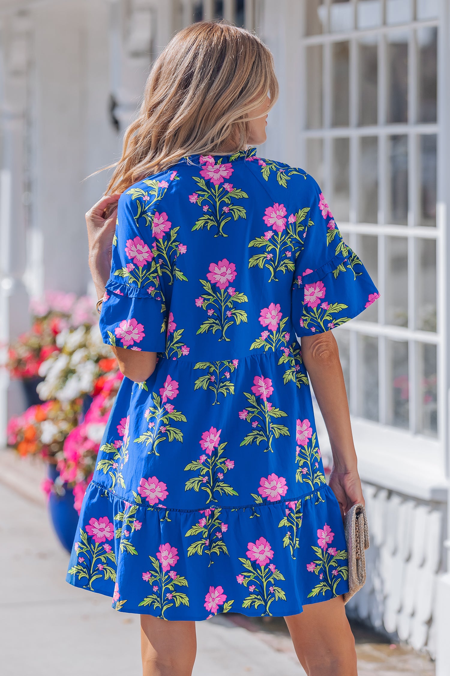 Blue Floral V-Neck Cotton Mini Dress for Women