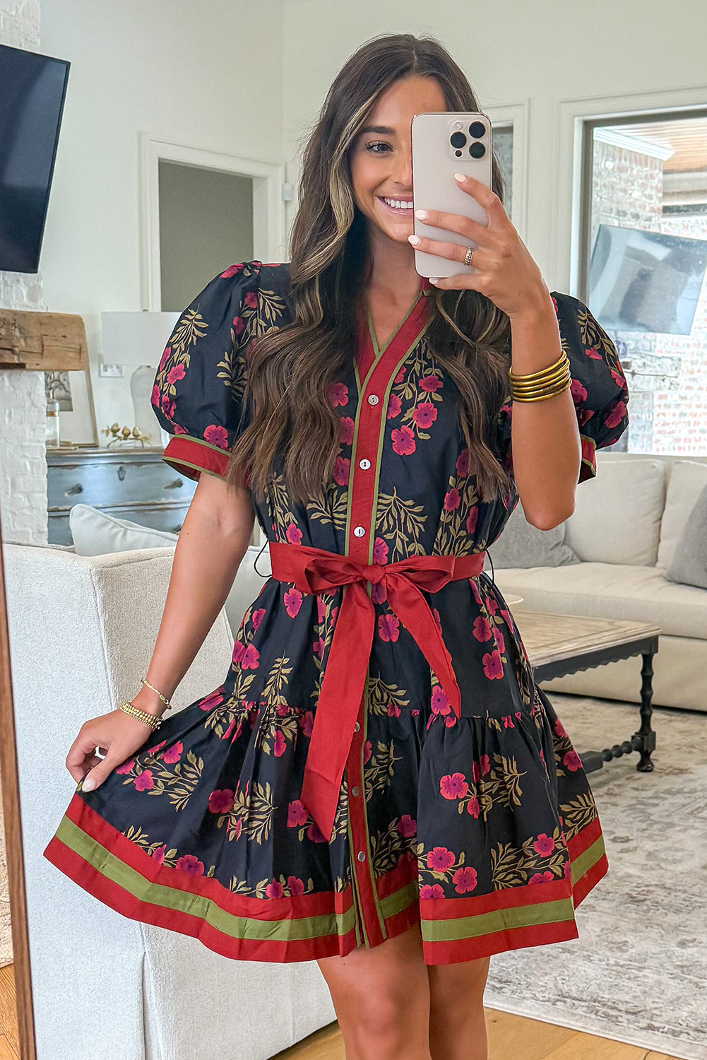 Women's Black Floral Button Down Belted Short Puff Sleeve Mini Dress